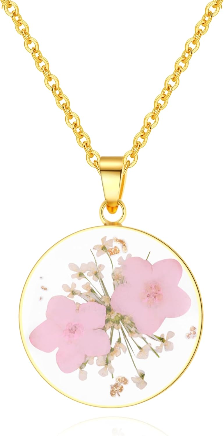AUNTESIGN Store Forget-Me-Not and Queen Anne's Lace Pressed Wildflower Necklace | Birth Month Real Flower Necklace | Gold/Silver Pressed Flower Jewelry | Personalized Handmade Jewelry - Image 1